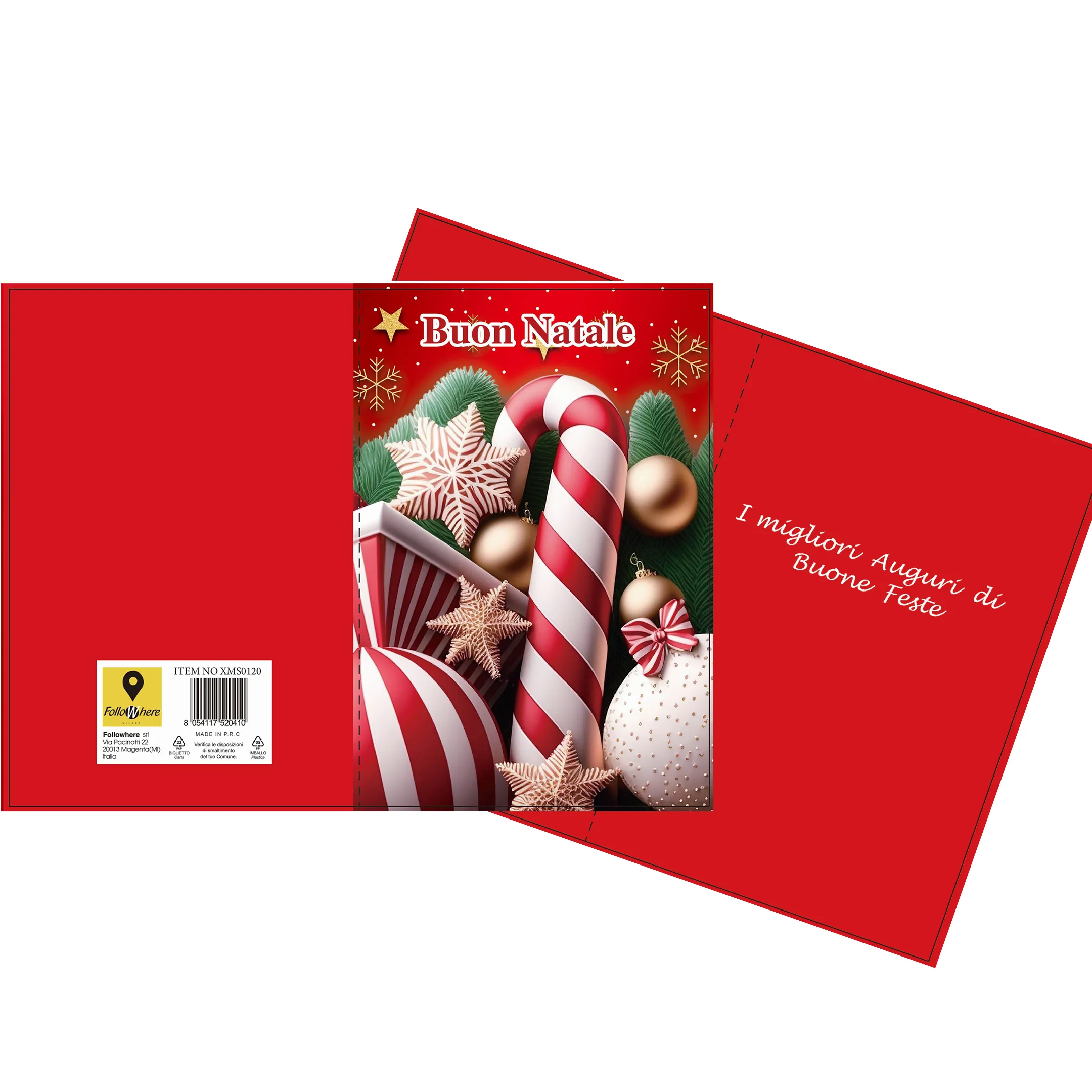biglietto-auguri-natale-bastoncino-rosso Biglietto con busta Buon Natale con caramelle natalizie - immagine 1