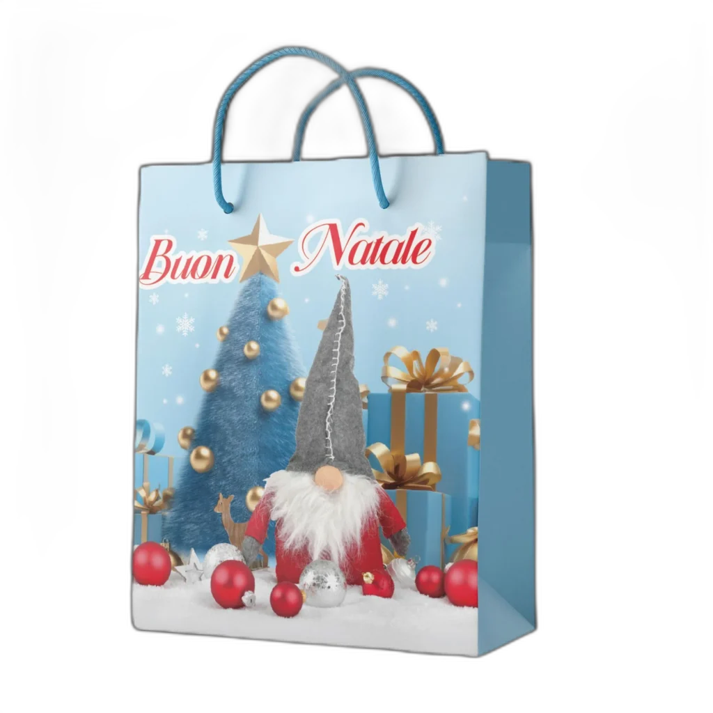 Shopper foil Oro Buon Natale con gnomo e alberi