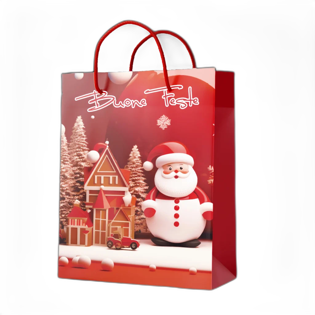 Shopper senza foil Buone Feste con Babbo Natale e casetta