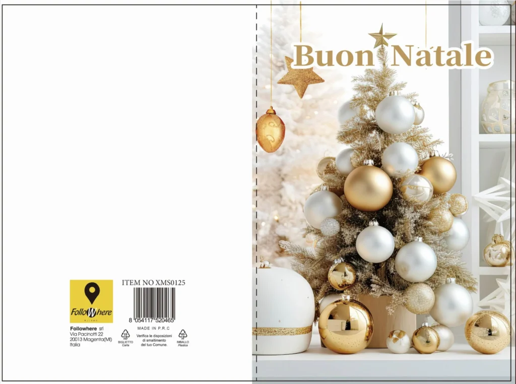 Biglietto con busta Buon Natale con albero bianco e palline dorate fronte