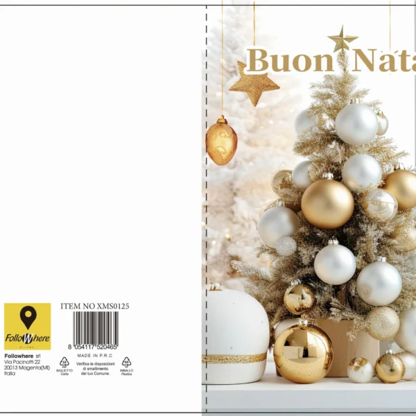 Biglietto con busta Buon Natale con albero bianco e palline dorate fronte