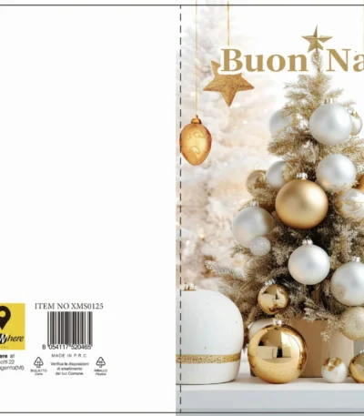 Biglietto con busta Buon Natale con albero bianco e palline dorate fronte